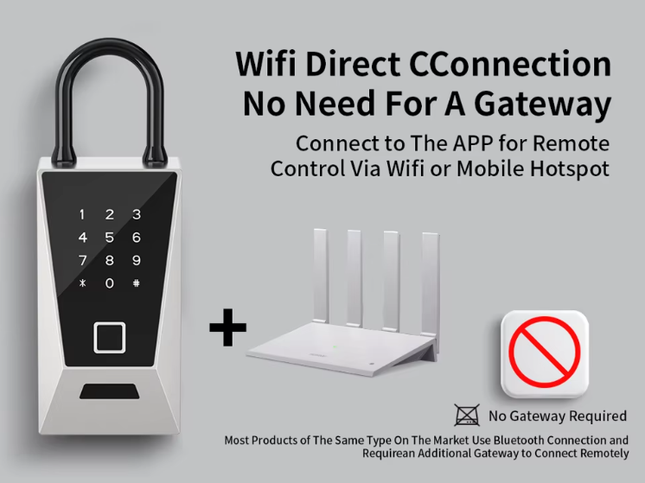 Wall Mounted Smart Key Lock Box with WiFi Direct Connect and Multiple Unlock Methods