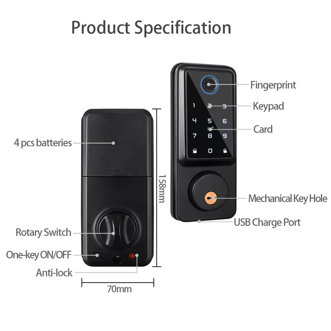 Smart Front Door Lock with Wi-Fi Bluetooth Connectivity and Grade C Lock Cylinder