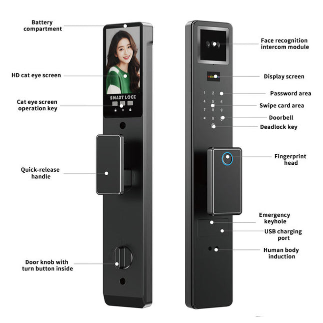 Smart Home Door Lock with 3D Face Recognition, Video Intercom, Fingerprint and Card Unlock