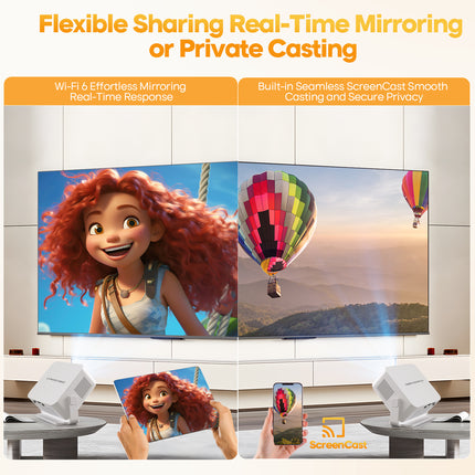 Portable 720P Smart Projector with WiFi, Android 14 and 8K Video Support