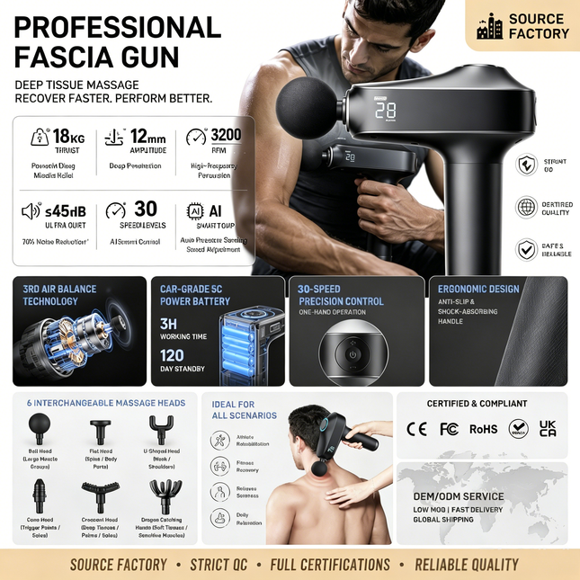Cordless Rechargeable Massage Gun with 30 Speed Levels and 6 Massage Heads
