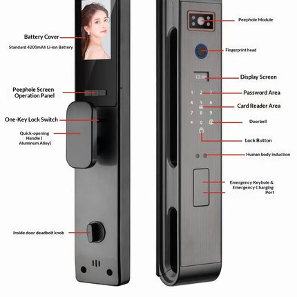 Digital Smart Door Lock with Fingerprint Access, Facial Recognition and Tuya App Support