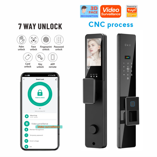 Smart Door Lock with 3D Face Recognition, Fingerprint, App Control and Rechargeable Battery