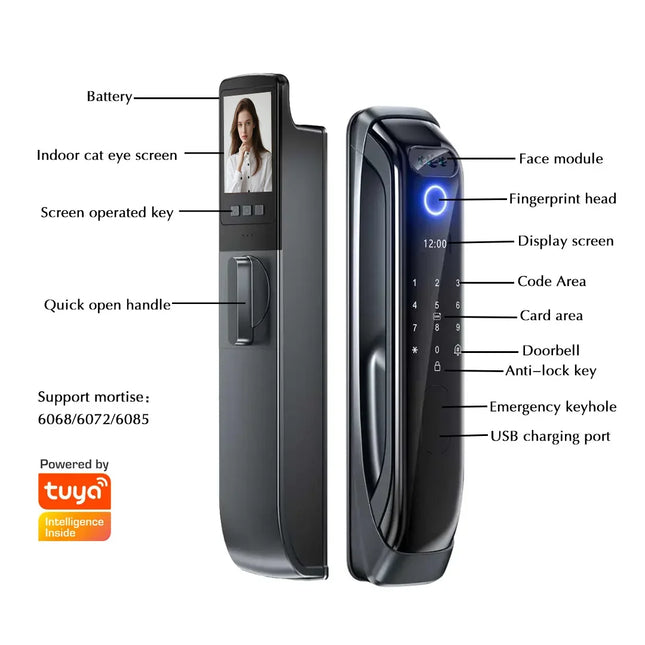 Digital Smart Mortise Door Lock with Face Recognition, Fingerprint and App Control