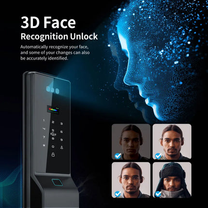 Waterproof Smart Door Lock with 3D Face Recognition, Fingerprint, Tuya WiFi App and Key Access