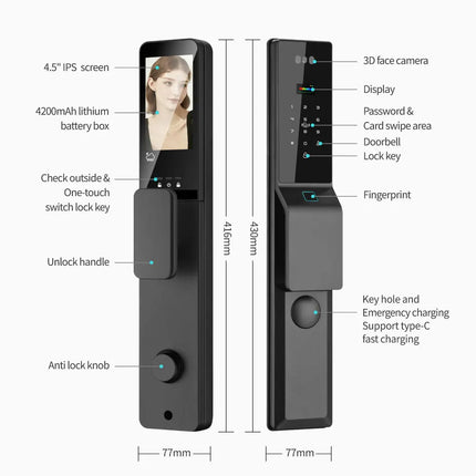 Waterproof Smart Door Lock with 3D Face Recognition, Fingerprint, Tuya WiFi App and Key Access
