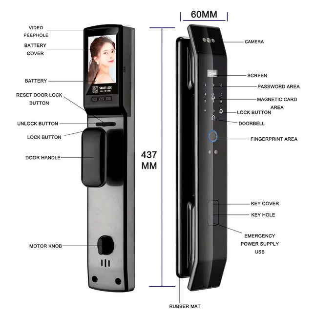 Smart Door Lock for Wooden and Metal Doors with Face Recognition, Fingerprint, App and Key Access