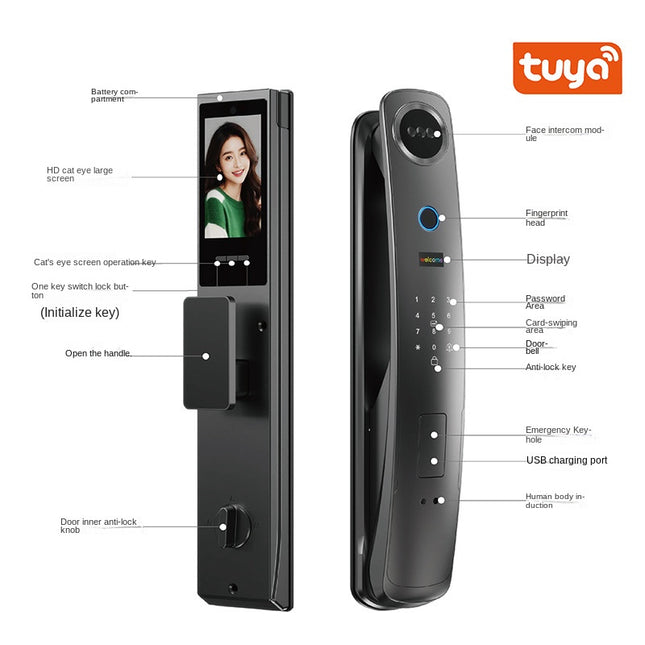 Smart Aluminium Alloy Door Lock with Face Recognition, Palm Vein, Fingerprint and Tuya App