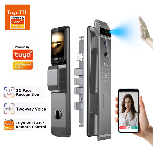 Smart WiFi Door Lock with 3D Face Recognition, Fingerprint, Password, Card and Key Access