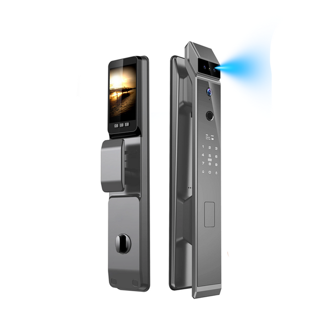 A smart electronic door lock shown from multiple angles on a white background, with feature callouts including two-way voice, fingerprint entry, screen display, and a smartphone app view. The lock is dark gray/black, and the image includes Tuya branding and power badges.