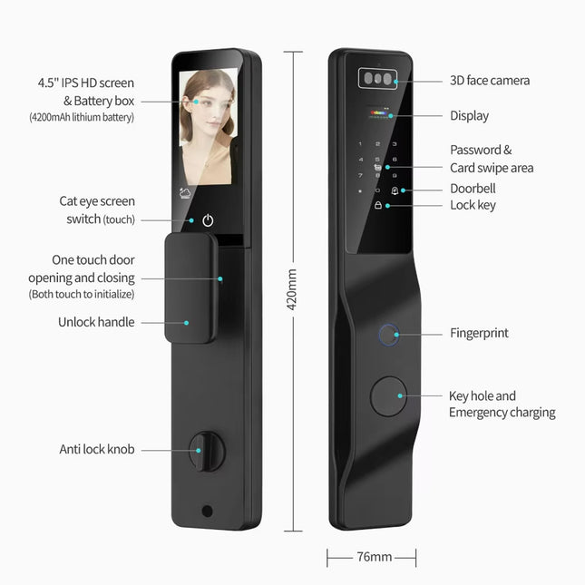 Smart Door Lock with Facial Recognition, Palm Authentication, Camera and Multiple Unlock Methods