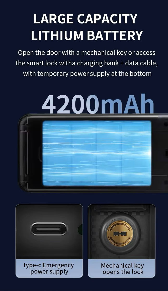 Rechargeable Smart Door Lock with Face Recognition, Fingerprint, Keypad and Camera