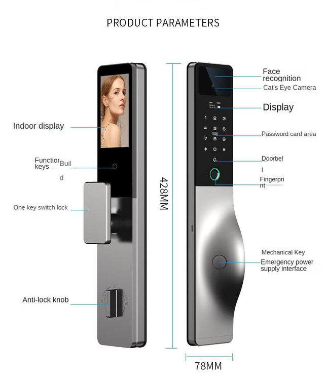 Smart WiFi Door Lock with 3D Face Recognition, Fingerprint, Palm Vein & Video Intercom