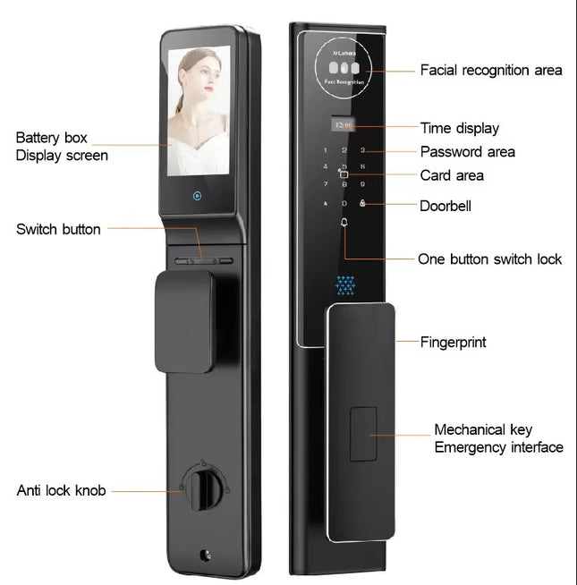 Smart Biometric Door Lock with 3D Face Unlock, Fingerprint, Password and Card Access