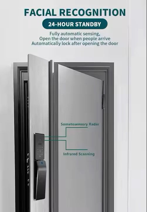 Waterproof Smart Door Lock with 3D Face Recognition, Palm Unlock, Fingerprint & Video Intercom