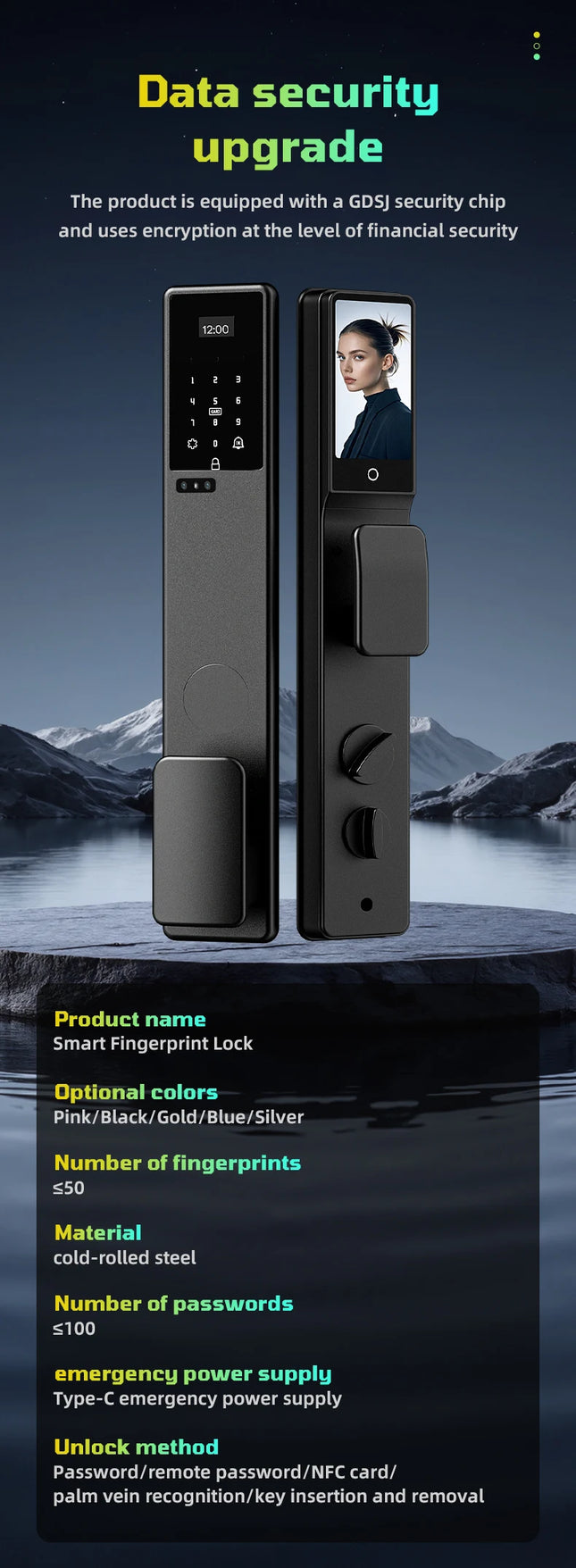Smart Aluminium Alloy Door Lock with Face Recognition, Fingerprint, Password, Card and Key Access