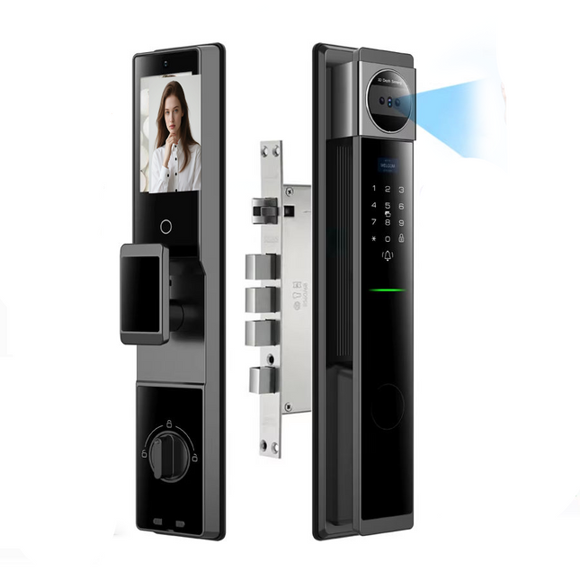 Black Tuya smart digital lock with a built-in touchscreen, keypad, and fingerprint sensor, shown from multiple angles with feature callouts including 3D face recognition, Wi-Fi, and voice control. The image includes a Tuya logo, a Cuvvo badge, and a smartphone screen preview on a white background.