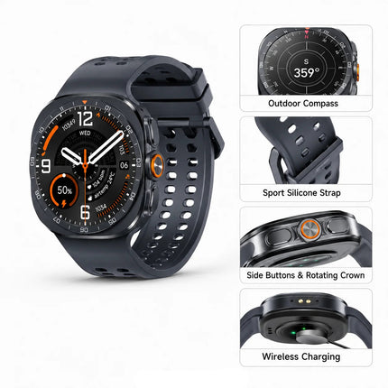 Round Smart Watch with 1.52 Inch Display, Wireless Charging, IP68 Water Resistance for Android and iOS