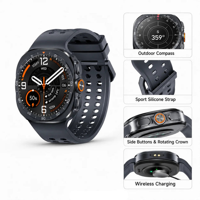 Round Smart Watch with 1.52 Inch Display, Wireless Charging, IP68 Water Resistance for Android and iOS