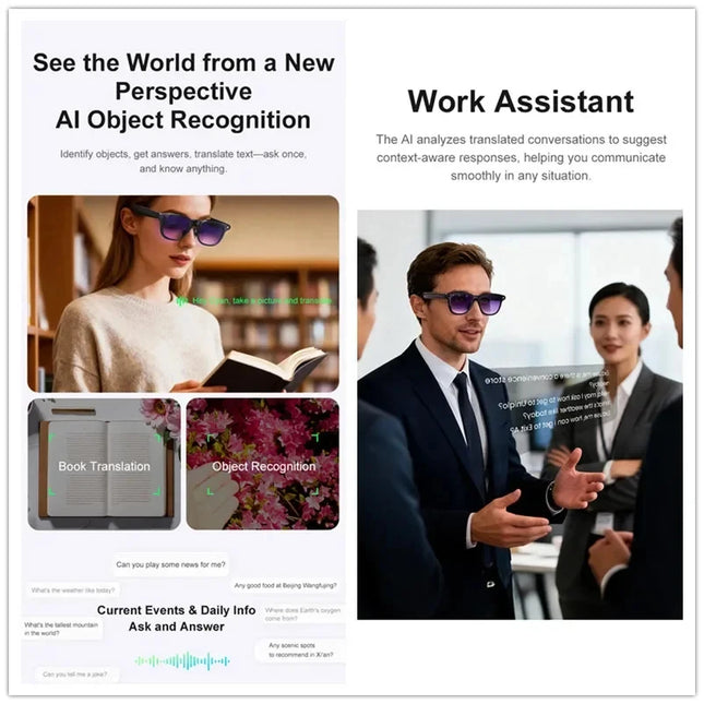 Bluetooth Smart Glasses with Camera, Real-Time Translation, Audio Playback and App Control