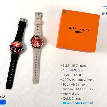 4G Smart Watch with AMOLED Display, Fast Charging, IP68 Waterproof and Touchscreen