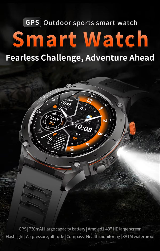 Outdoor Sports Smart Watch with 1.43 Inch AMOLED Display, Flashlight, 730mAh Battery & 3ATM Waterproof