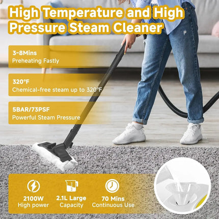 Commercial Portable Steam Cleaner 2100W with 2.1L Water Tank and 5 Bar Steam Pressure
