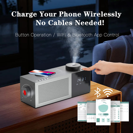 Waterless Aroma Diffuser with Bluetooth Speaker, Wireless Charging and Remote