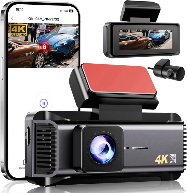 4K WiFi Dash Cam with Front and Rear Recording and 2.99 Inch Display