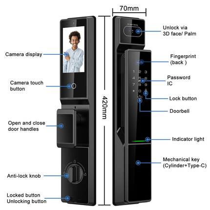 Smart WiFi Biometric Door Lock with 3D Face ID, Fingerprint & Camera