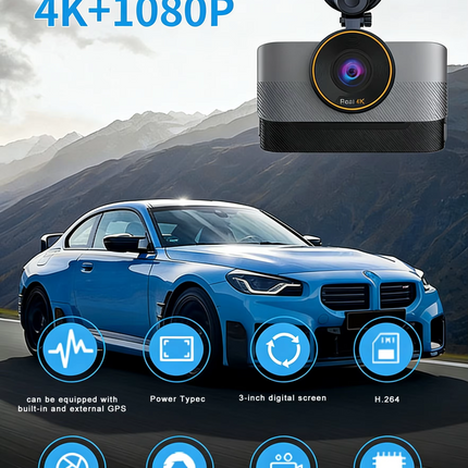 Dual Camera Dash Cam 4K UHD with Rear Camera, 3-inch Display and TF Card Support