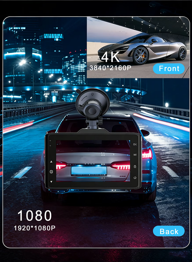 Dual Camera Dash Cam 4K UHD with Rear Camera, 3-inch Display and TF Card Support