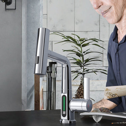 Stainless Steel Pull Down Basin Faucet with 360° Swivel and Dual Temperature Control