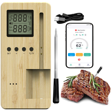 Smart Wireless BBQ Meat Thermometer with Wooden Charging Base Rechargeable Probe