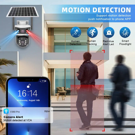 Solar Wireless PTZ Camera Dual Lens 4MP Night Vision 3 Screen Solar Powered