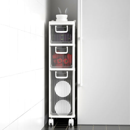 Space-Saving Narrow Bathroom Drawer Cabinet 4-Tier Plastic Organizer with Castors