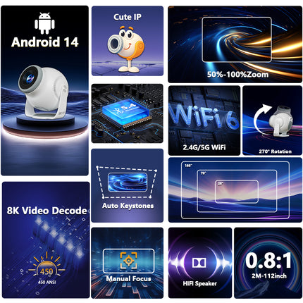 Compact HD Smart Projector 150 Inch Screen 290 Lumens Auto Keystone WiFi6 White