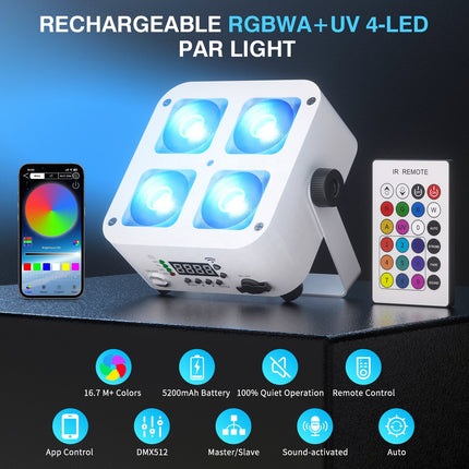 Portable Battery Powered Wireless RGBWA UV LED Event Uplight with App Remote Control Lighting System
