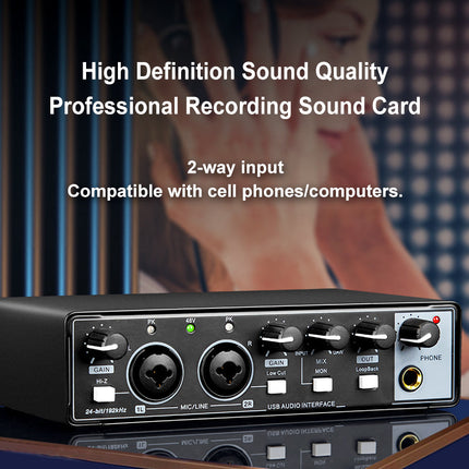 Professional USB Audio Interface Sound Card with Dual Mic Inputs, 48V Phantom Power, 192kHz/24-Bit