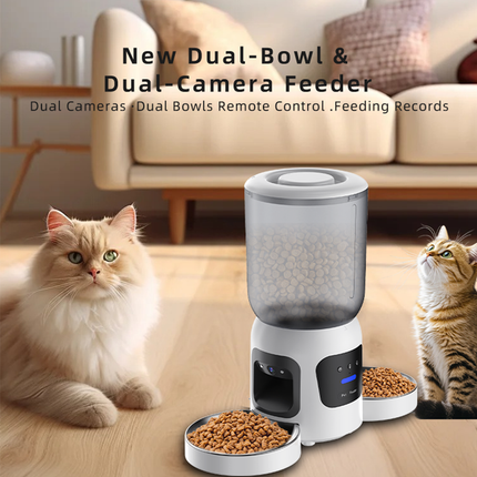 App-Controlled Automatic Pet Feeder with Dual 2MP Cameras Two Bowls White