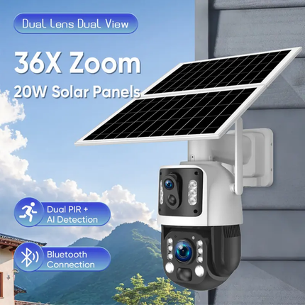 Outdoor Solar Camera 4G, 36X Zoom, Dual 3MP Lenses Color Night Vision Pan & Tilt AI Detection