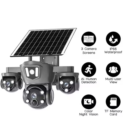 4G Solar PTZ Security Camera Triple Lens Night Vision 350 Degree Pan Outdoor