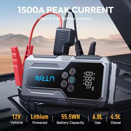 12V Portable Car Jump Starter with Digital Screen, Power Bank & Built-In Air Pump