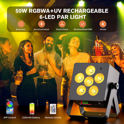 Portable Rechargeable 50W RGBWA UV Wireless DMX LED Par Stage Light Remote Sound App Control