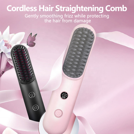 Portable Ionic Hair Straightener Brush Rechargeable with 3 Heat Settings LED Screen