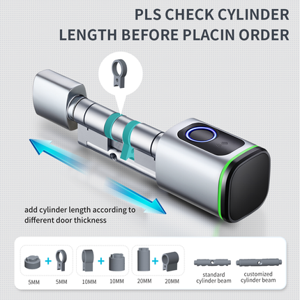Smart Bluetooth Fingerprint Door Lock Cylinder with Tuya App Keyless Access Adjustable Length