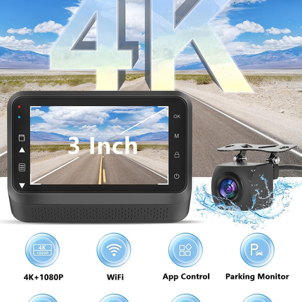 4K Front and 1080P Rear Dual Dash Camera with 3-inch Screen and WiFi