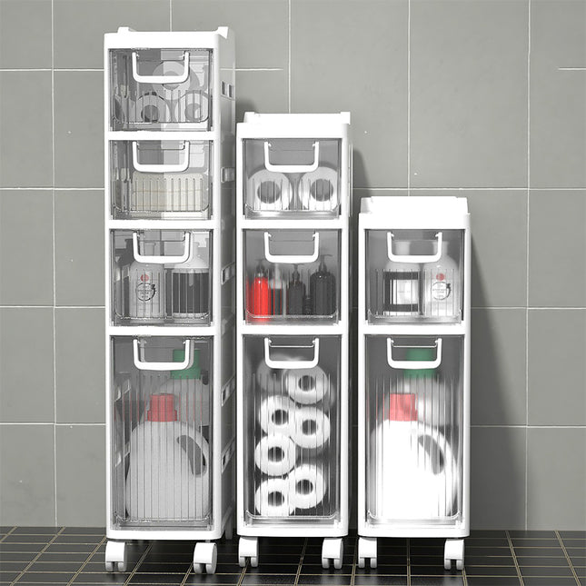 Space-Saving Narrow Bathroom Drawer Cabinet 4-Tier Plastic Organizer with Castors