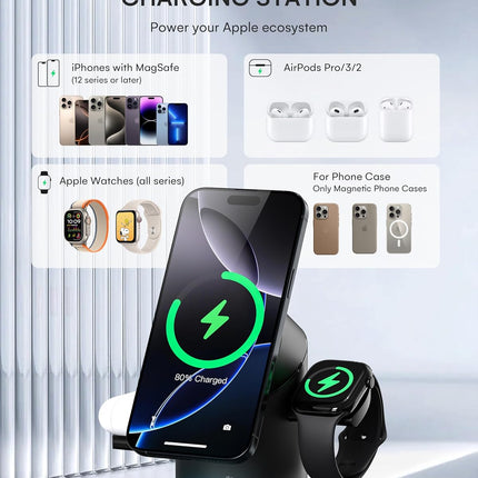 3-in-1 Fast Wireless Charging Stand 15W Compatible Auto Rotating Dock Station