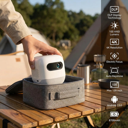 Compact Smart Projector with Android 13, WiFi Connectivity, DLP Technology and 200 Inch Projection